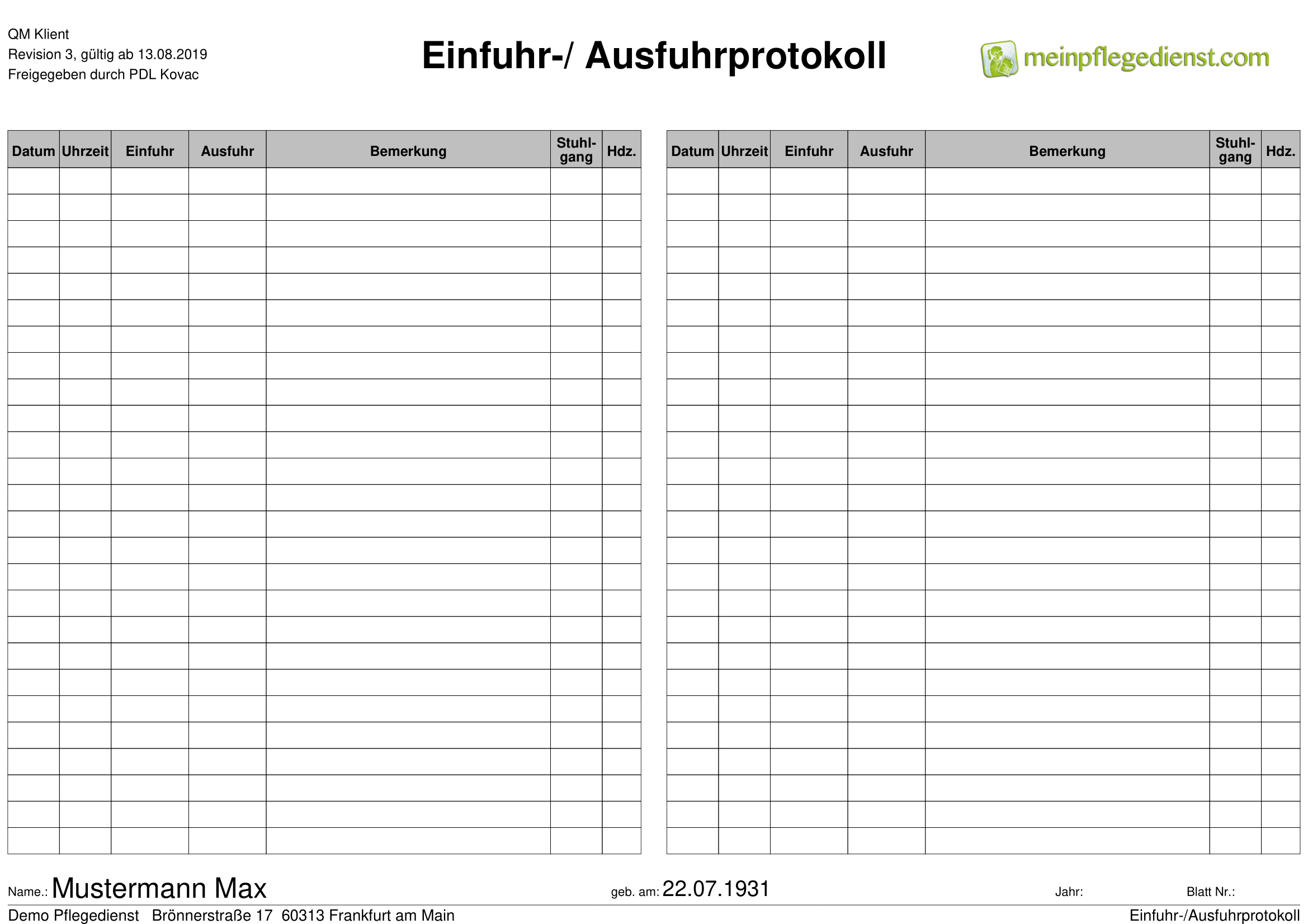 Einfuhr-/ Ausfuhrprotokoll 