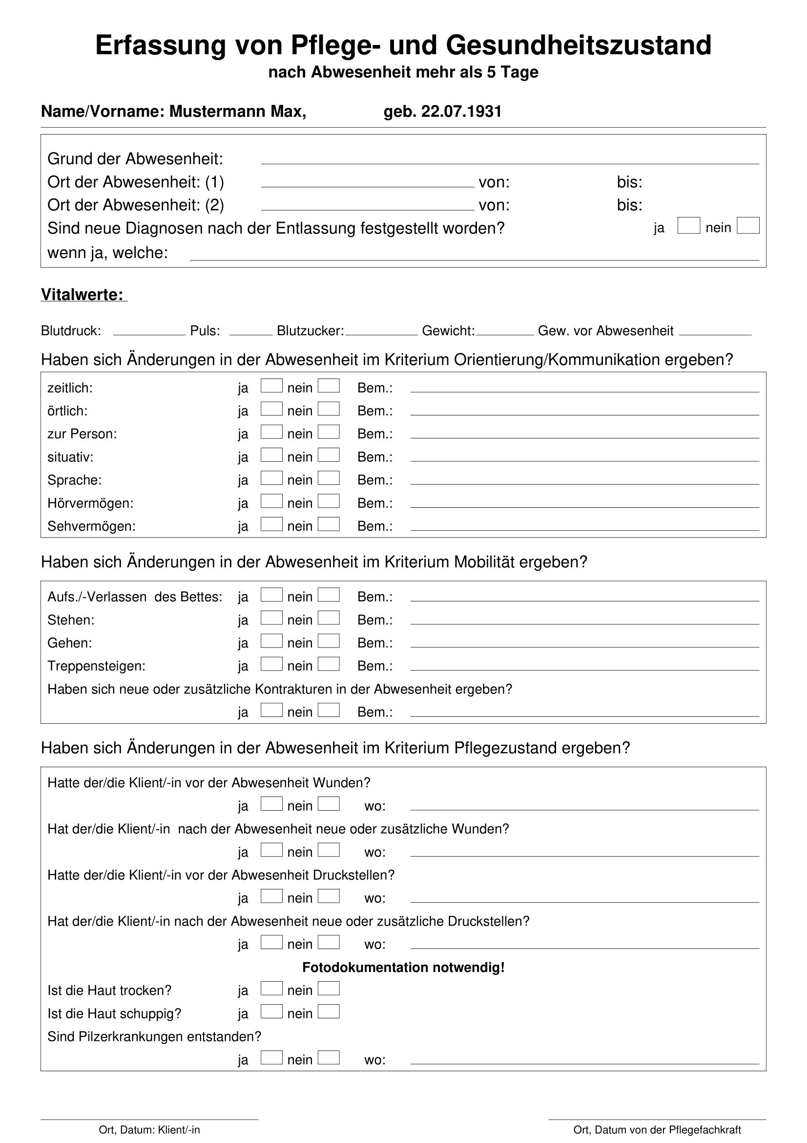 Erfassung von Pflege- und Gesundheitszustand