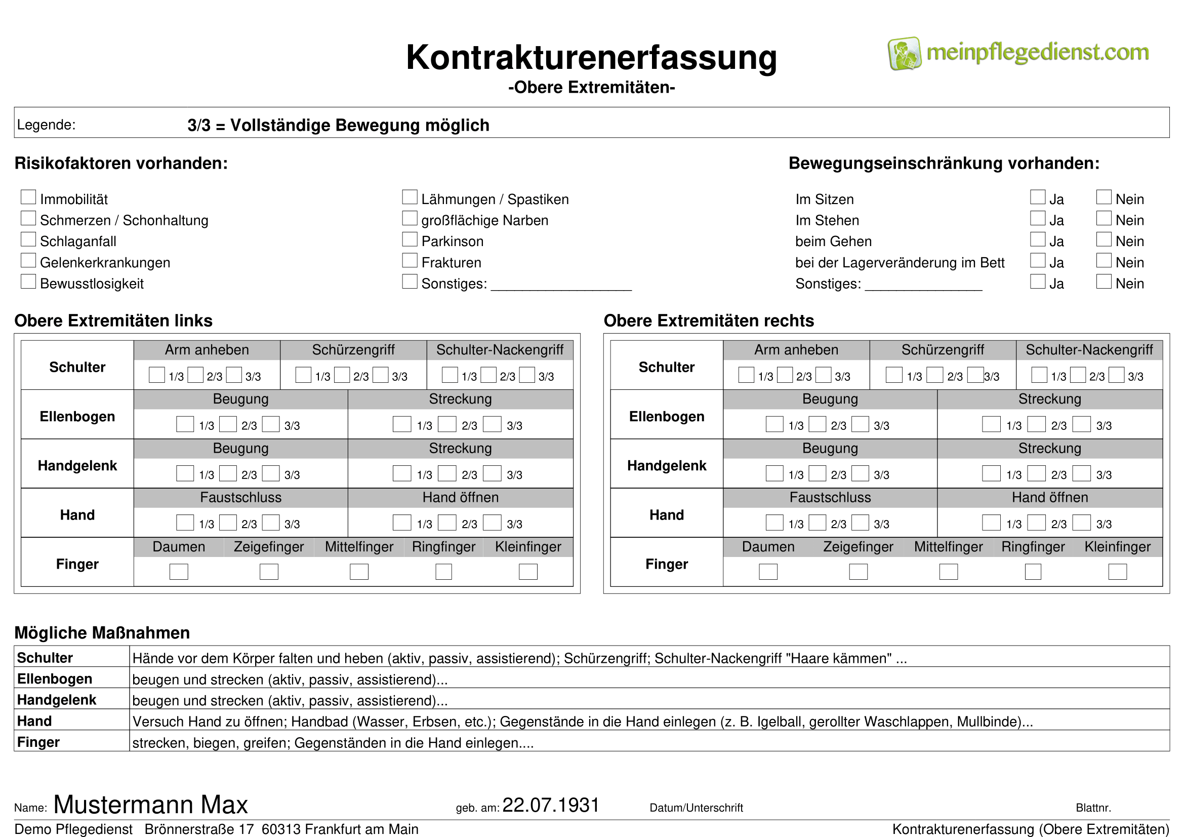 Kontrakturenerfassung (Obere Extremitäten)