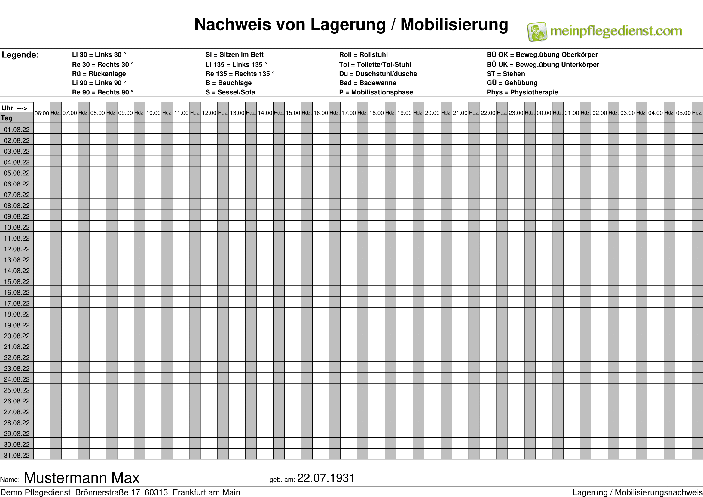 Lagerung Mobilisierungsnachweis