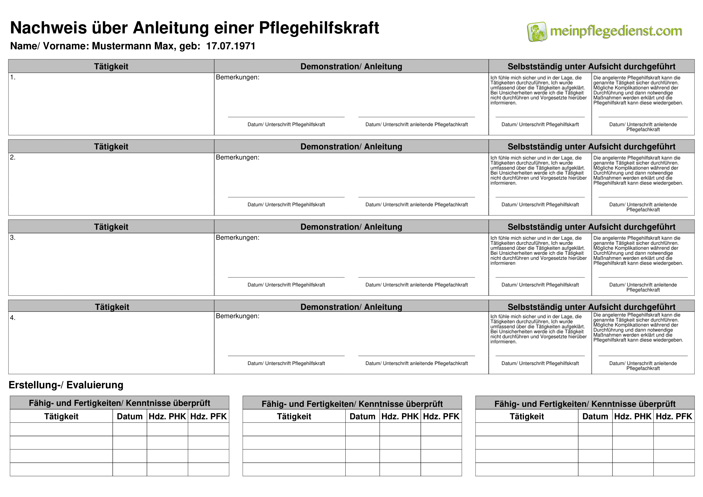 Nachweis über Anleitung einer Pflegehilfskraft