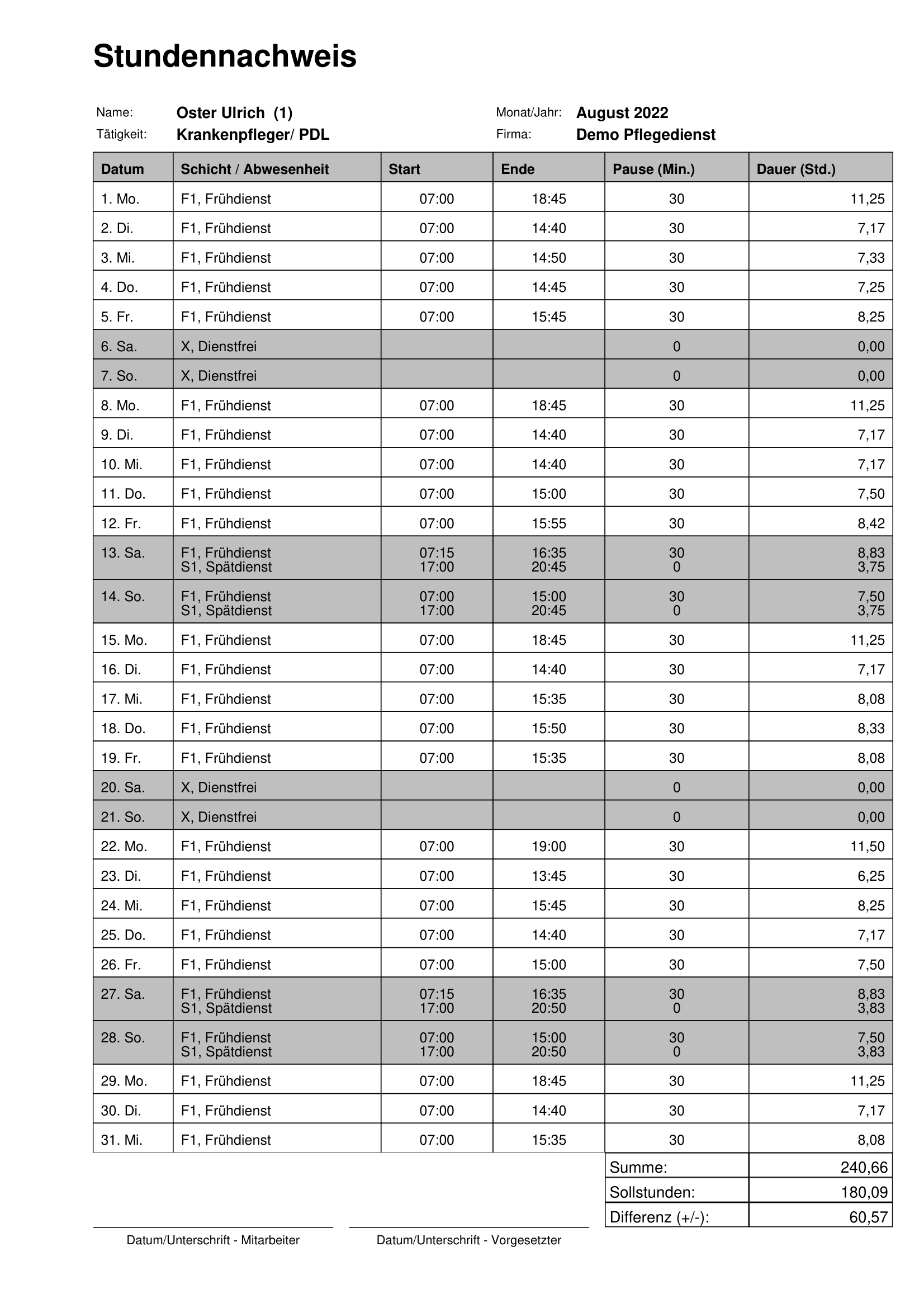 Stundennachweis Dienstplan