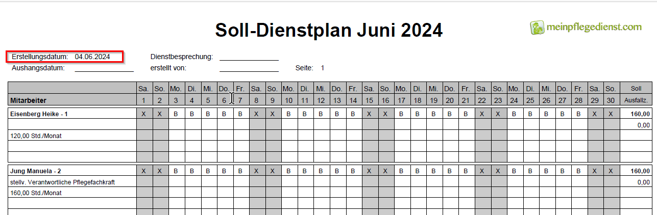 Dienstplan Erstellungsdatum Dienstplan Erstellungsdatum