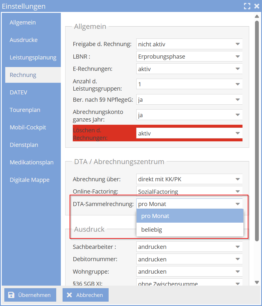 DTA-Sammelrechnung Einstellung