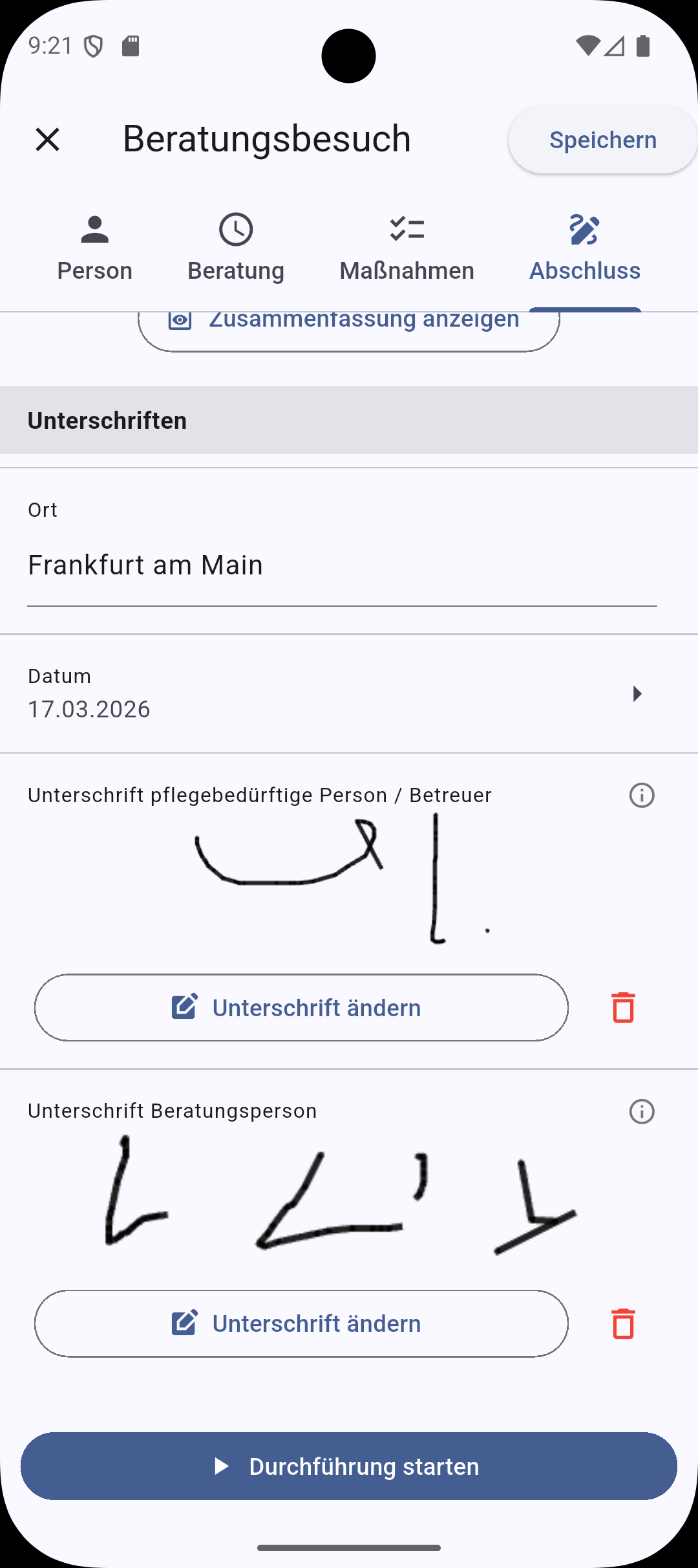 Digitale Unterschriften in der App