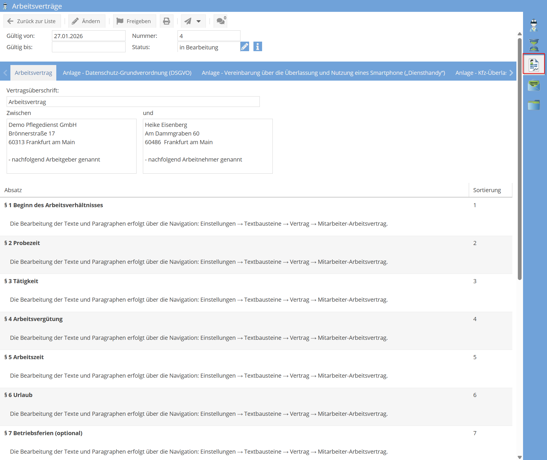 Arbeitsvertrag in der Mitarbeiterakte