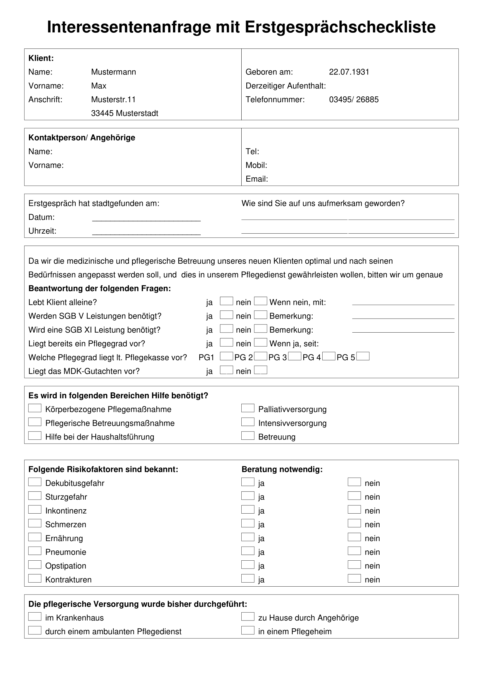 Interessentenanfrage mit Erstgesprächscheckliste 