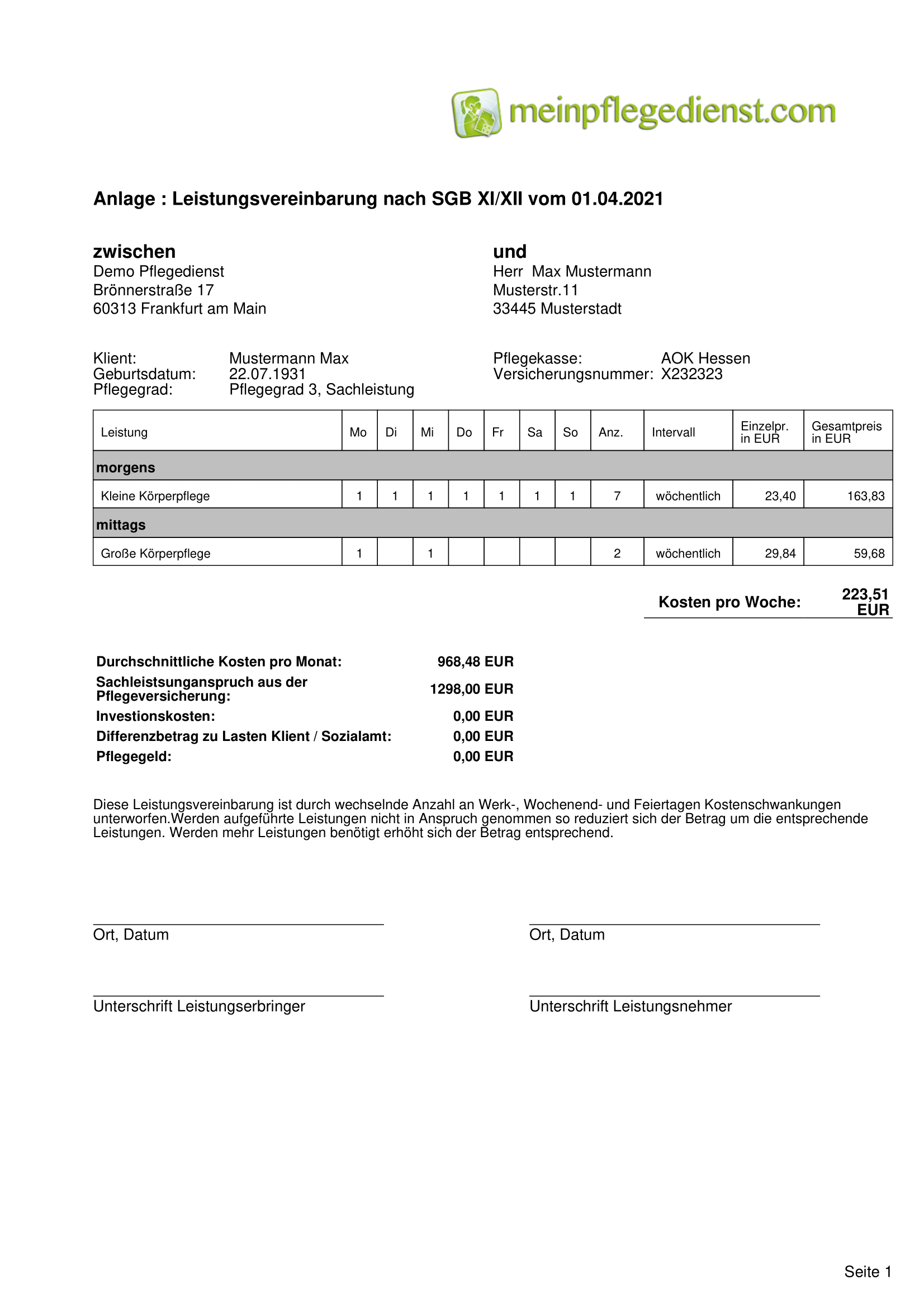 Leistungsplanung SGB XI ausgefüllt