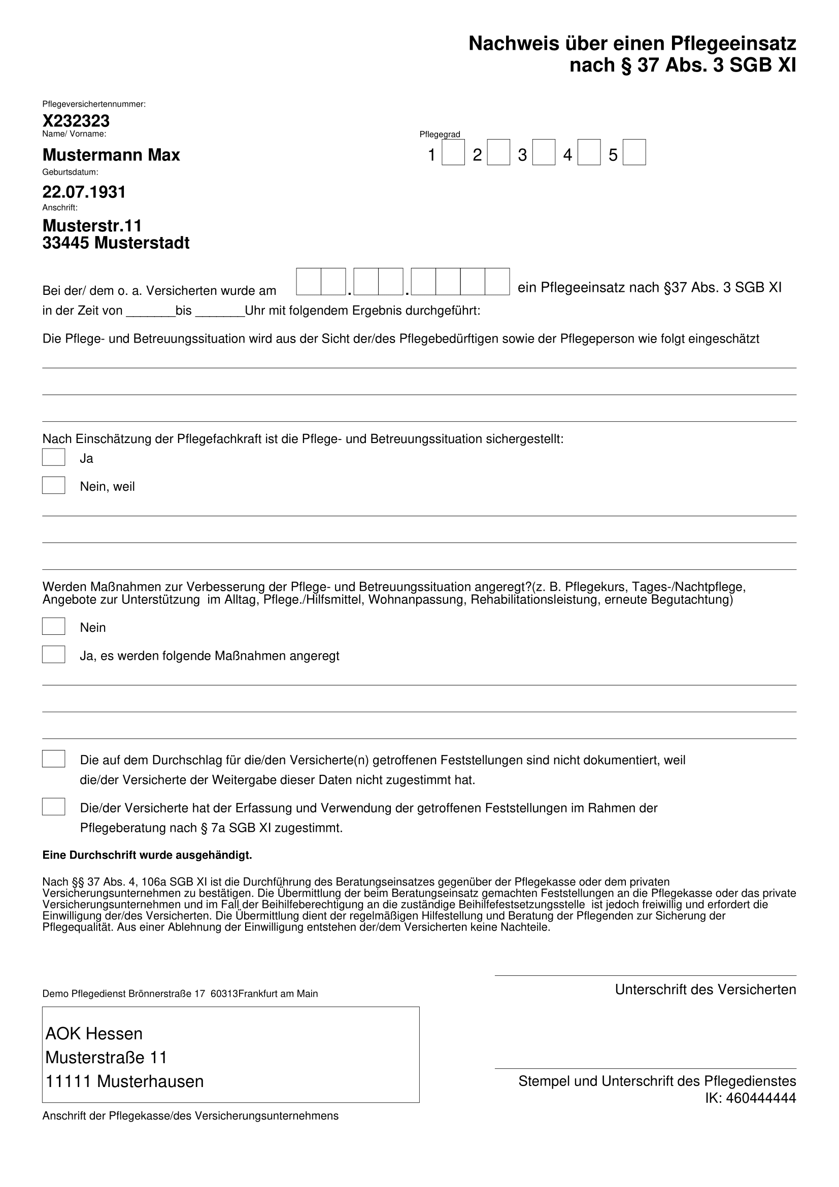Nachweis über einen Pflegeeinsatz (mit Zeitangabe)